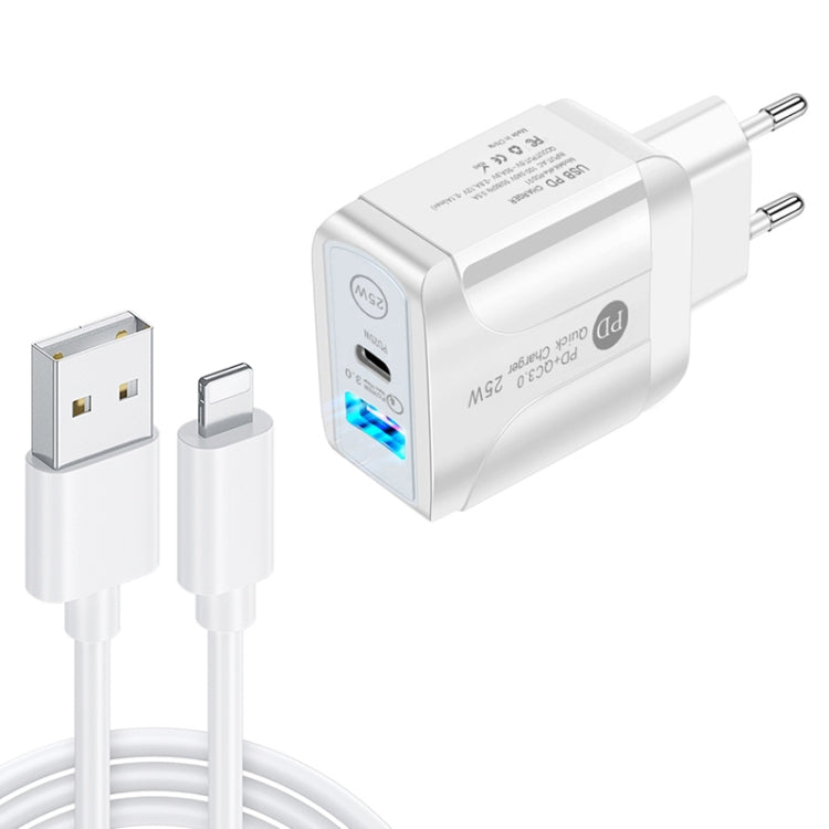 PD25W USB-C / Type-C + QC3.0 USB Dual Ports Fast Charger with USB to 8 Pin Data Cable, EU Plug���...