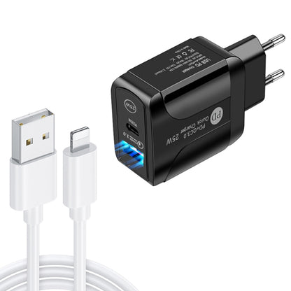 PD25W USB-C / Type-C + QC3.0 USB Dual Ports Fast Charger with USB to 8 Pin Data Cable, EU Plug���...