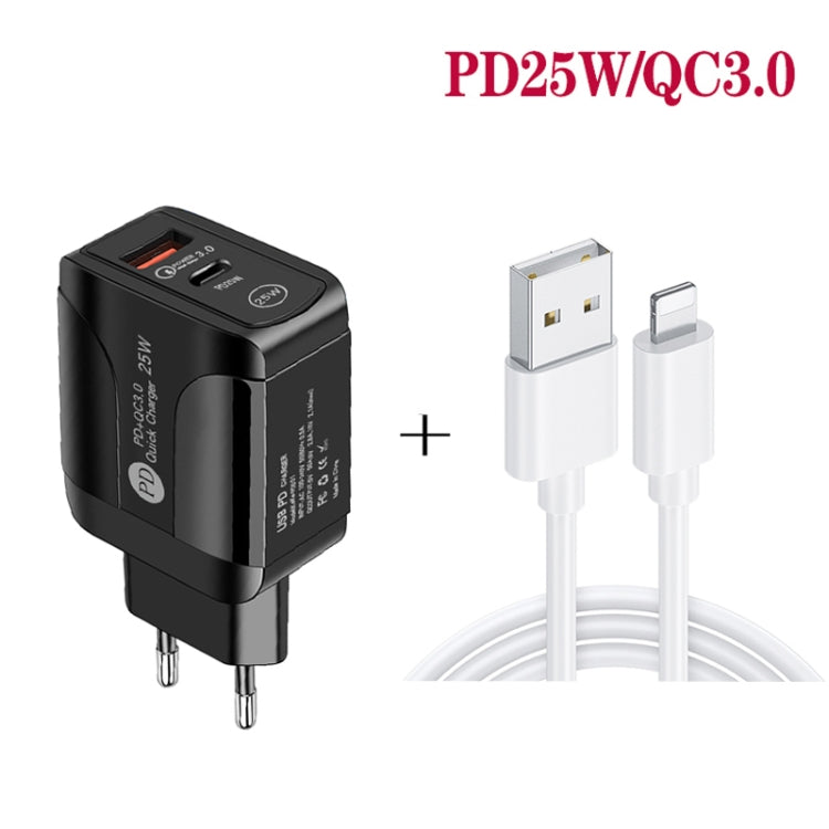 PD25W USB-C / Type-C + QC3.0 USB Dual Ports Fast Charger with USB to 8 Pin Data Cable, EU Plug���...