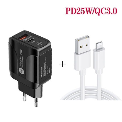 PD25W USB-C / Type-C + QC3.0 USB Dual Ports Fast Charger with USB to 8 Pin Data Cable, EU Plug���...