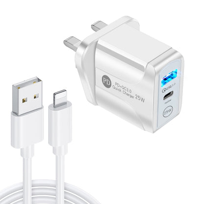 PD25W USB-C / Type-C + QC3.0 USB Dual Ports Fast Charger with USB to 8 Pin Data Cable, UK Plug���...