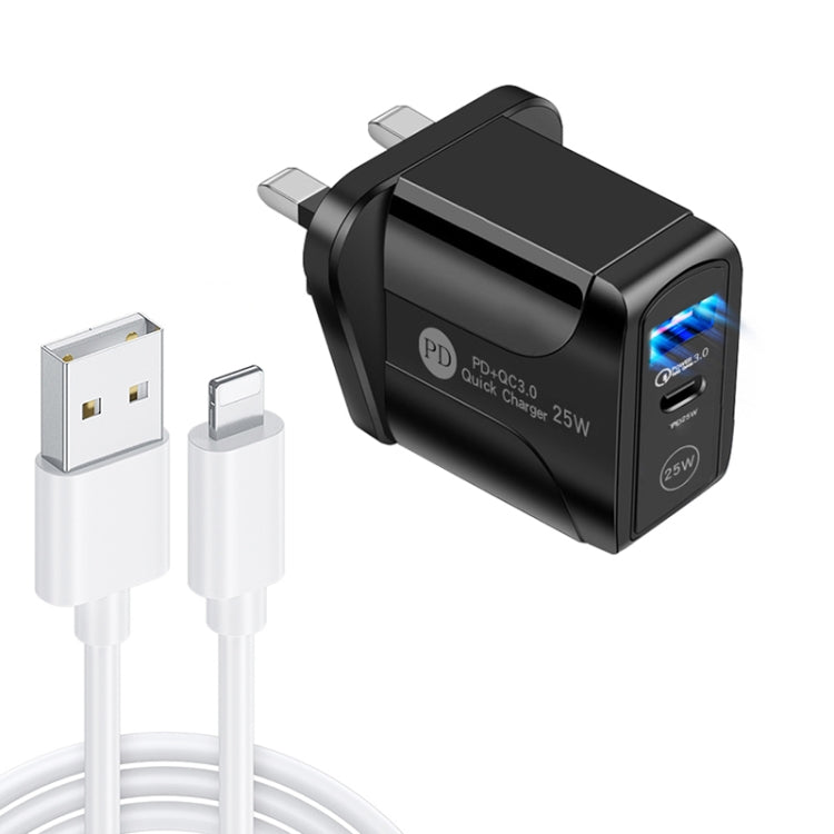 PD25W USB-C / Type-C + QC3.0 USB Dual Ports Fast Charger with USB to 8 Pin Data Cable, UK Plug���...