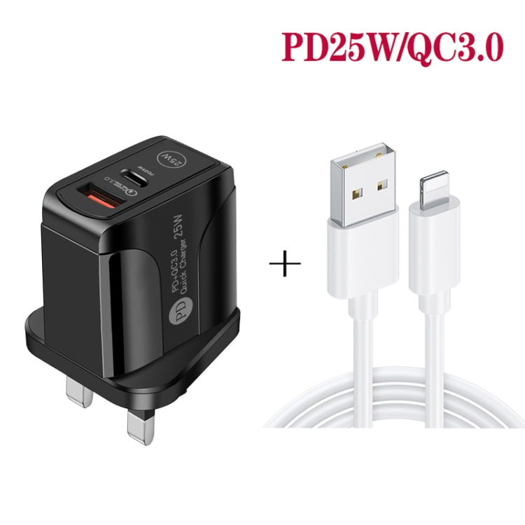 PD25W USB-C / Type-C + QC3.0 USB Dual Ports Fast Charger with USB to 8 Pin Data Cable, UK Plug���...