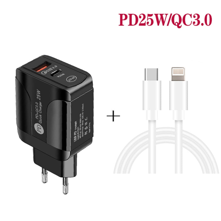 PD25W USB-C / Type-C + QC3.0 USB Dual Ports Fast Charger with USB-C to 8 Pin Data Cable, EU Plug�...