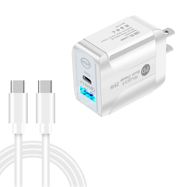 PD25W USB-C / Type-C + QC3.0 USB Dual Ports Fast Charger with USB-C to USB-C Data Cable, US Plug�...