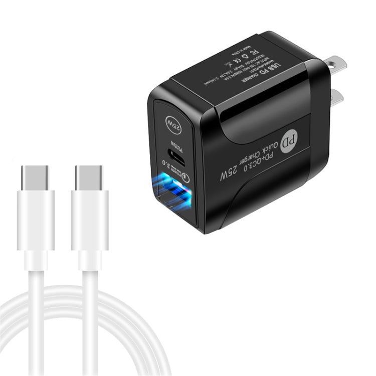 PD25W USB-C / Type-C + QC3.0 USB Dual Ports Fast Charger with USB-C to USB-C Data Cable, US Plug�...