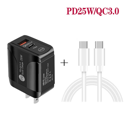 PD25W USB-C / Type-C + QC3.0 USB Dual Ports Fast Charger with USB-C to USB-C Data Cable, US Plug�...