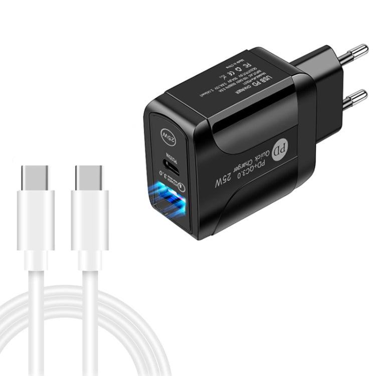 PD25W USB-C / Type-C + QC3.0 USB Dual Ports Fast Charger with USB-C to USB-C Data Cable, EU Plug�...