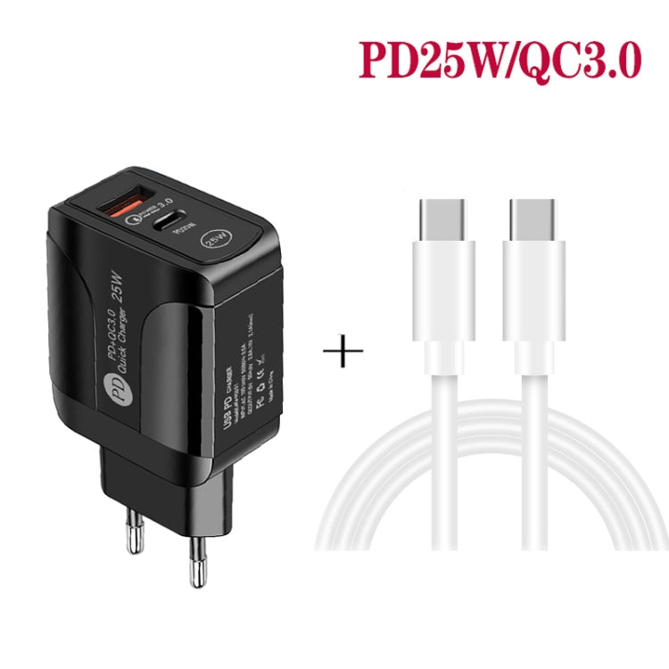 PD25W USB-C / Type-C + QC3.0 USB Dual Ports Fast Charger with USB-C to USB-C Data Cable, EU Plug�...