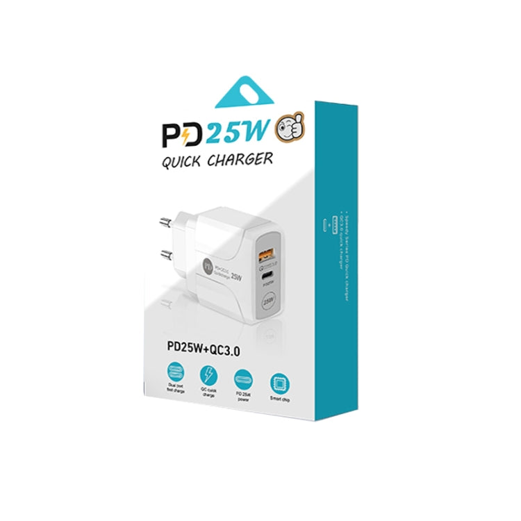 PD25W USB-C / Type-C + QC3.0 USB Dual Ports Fast Charger with USB-C to USB-C Data Cable, EU Plug�...