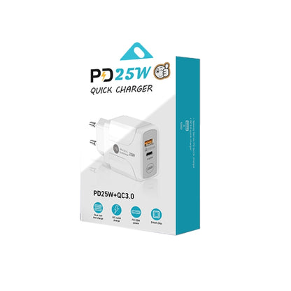 PD25W USB-C / Type-C + QC3.0 USB Dual Ports Fast Charger with USB-C to USB-C Data Cable, EU Plug�...