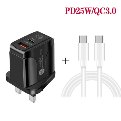 PD25W USB-C / Type-C + QC3.0 USB Dual Ports Fast Charger with USB-C to USB-C Data Cable, UK Plug�...