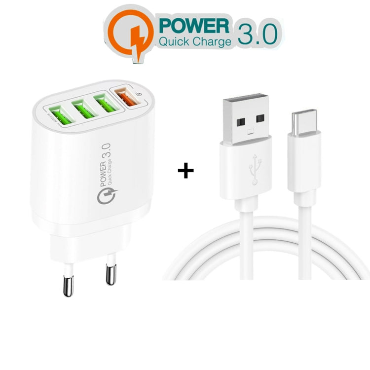 QC-04 QC3.0 + 3 x USB2.0 Multi-ports Charger with 3A USB to Type-C Data Cable, EU Plug�����������...
