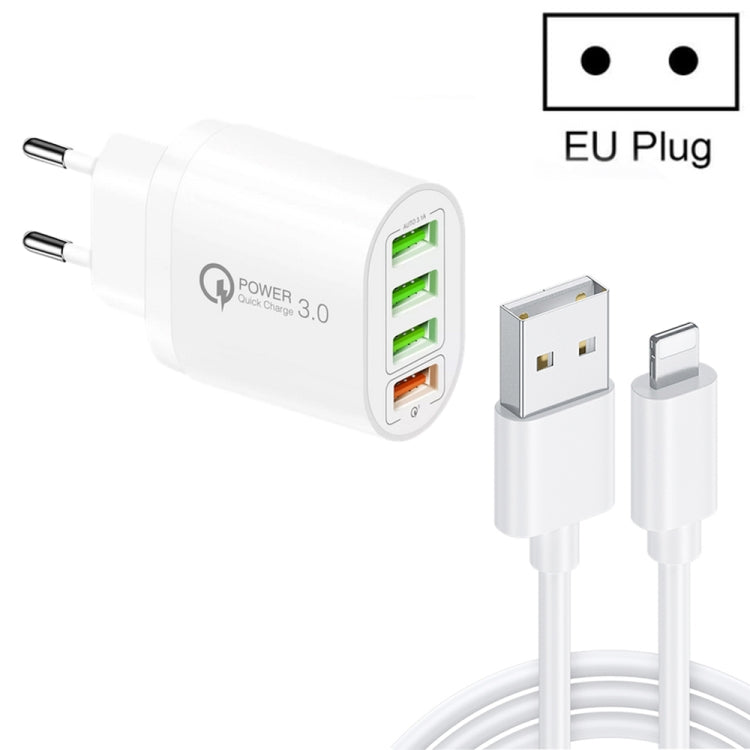 QC-04 QC3.0 + 3 x USB2.0 Multi-ports Charger with 3A USB to 8 Pin Data Cable, EU Plug������������...