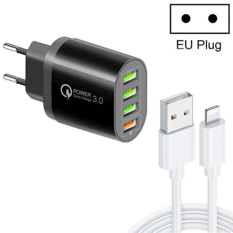 QC-04 QC3.0 + 3 x USB2.0 Multi-ports Charger with 3A USB to 8 Pin Data Cable, EU Plug������������...