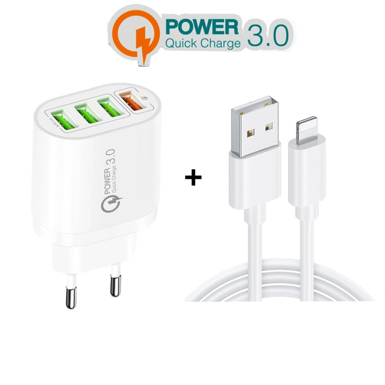 QC-04 QC3.0 + 3 x USB2.0 Multi-ports Charger with 3A USB to 8 Pin Data Cable, EU Plug������������...