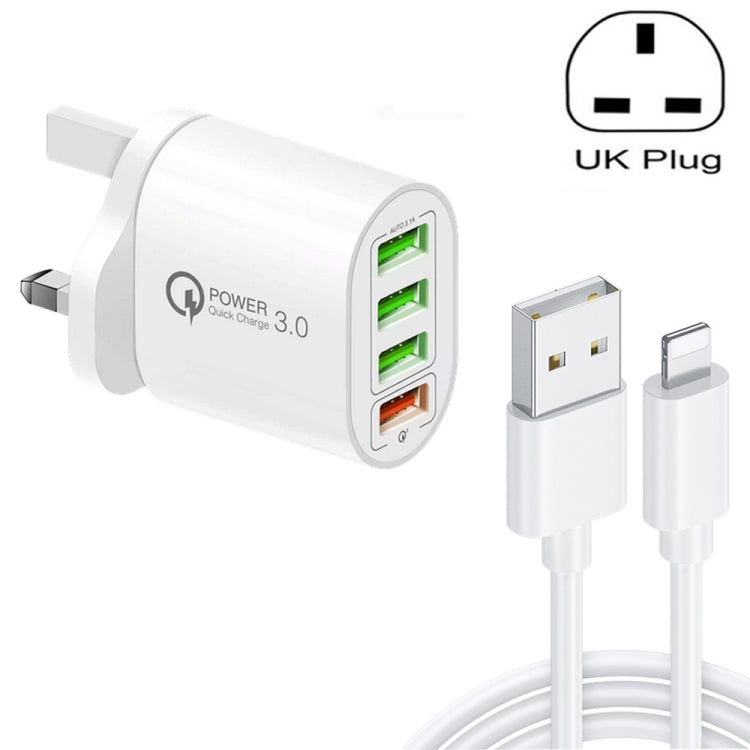 QC-04 QC3.0 + 3 x USB2.0 Multi-ports Charger with 3A USB to 8 Pin Data Cable, UK Plug������������...