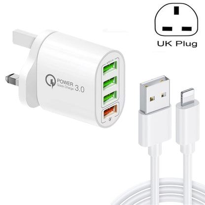 QC-04 QC3.0 + 3 x USB2.0 Multi-ports Charger with 3A USB to 8 Pin Data Cable, UK Plug������������...