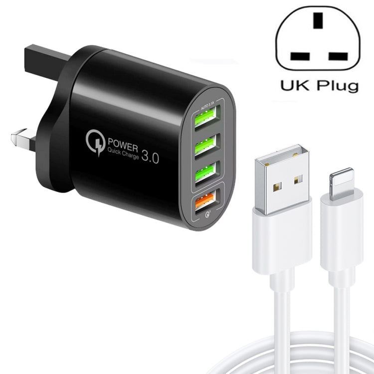 QC-04 QC3.0 + 3 x USB2.0 Multi-ports Charger with 3A USB to 8 Pin Data Cable, UK Plug������������...