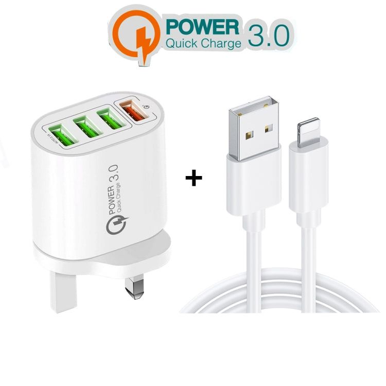 QC-04 QC3.0 + 3 x USB2.0 Multi-ports Charger with 3A USB to 8 Pin Data Cable, UK Plug������������...