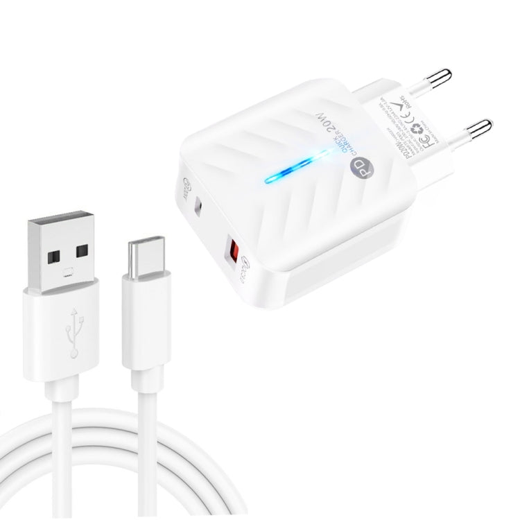 PD03 20W PD3.0 + QC3.0 USB Charger with USB to Type-C Data Cable, EU Plug, EU Plug���������������...