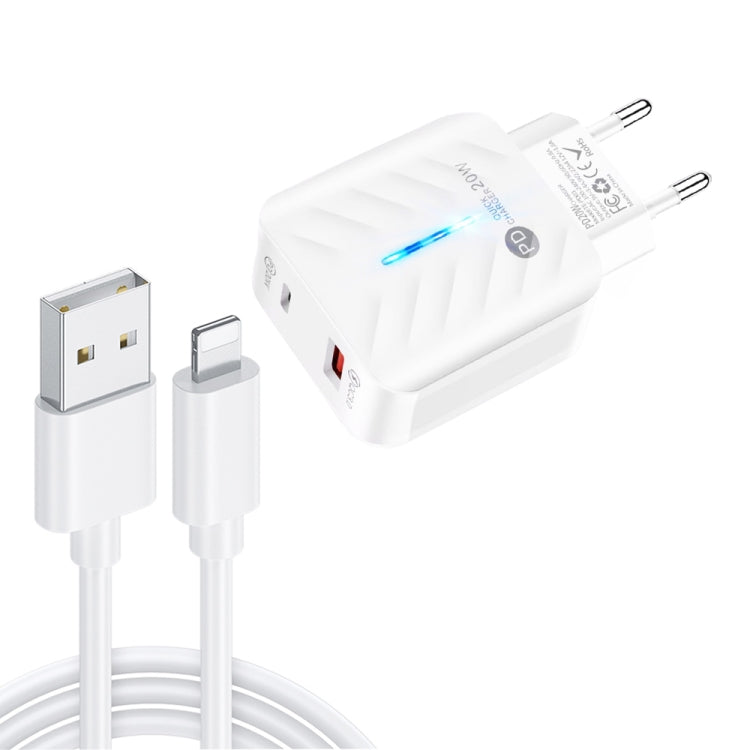 PD03 20W PD3.0 + QC3.0 USB Charger with USB to 8 Pin Data Cable, EU Plug�������������������������...