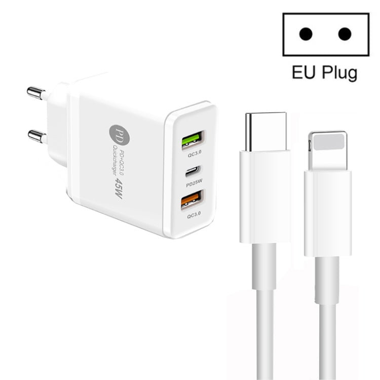 45W PD3.0 + 2 x QC3.0 USB Multi Port Charger with Type-C to 8 Pin Cable, EU Plug�����������������...