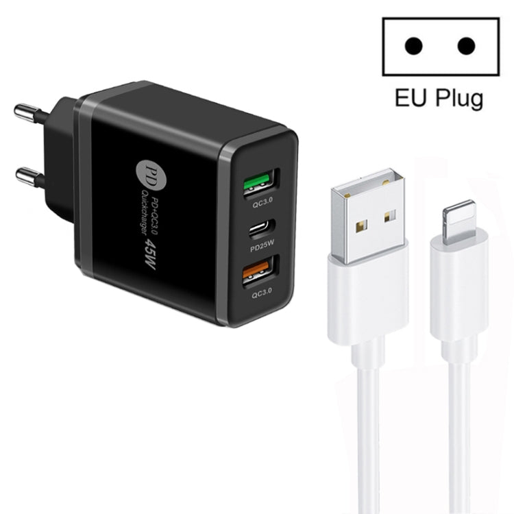 45W PD25W + 2 x QC3.0 USB Multi Port Charger with USB to 8 Pin Cable, EU Plug��������������������...