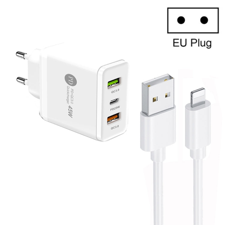 45W PD25W + 2 x QC3.0 USB Multi Port Charger with USB to 8 Pin Cable, EU Plug��������������������...
