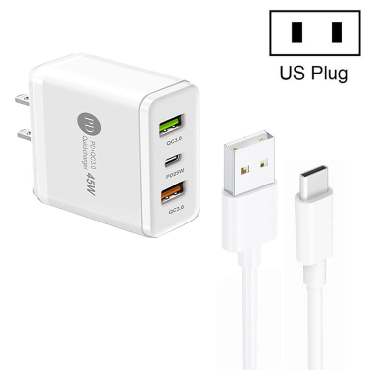 45W PD25W + 2 x QC3.0 USB Multi Port Charger with USB to Type-C Cable, US Plug�������������������...
