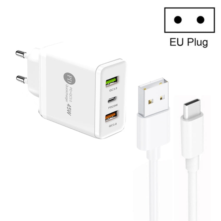 45W PD25W + 2 x QC3.0 USB Multi Port Charger with USB to Type-C Cable, EU Plug�������������������...