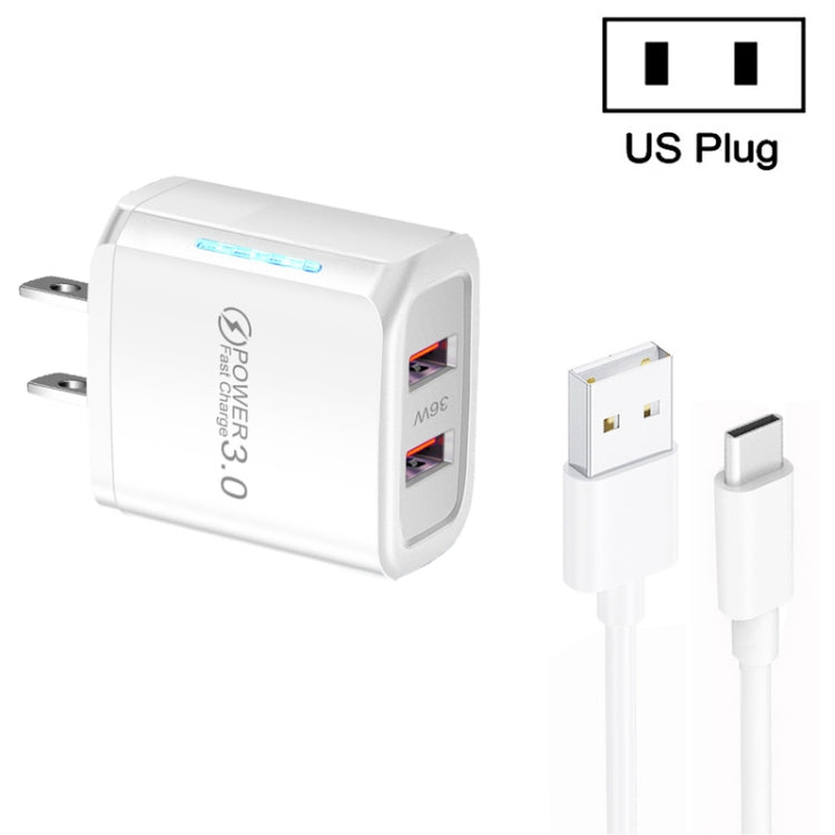 36W Dual Port QC3.0 USB Charger with 3A USB to Type-C Data Cable, US Plug������������������������...