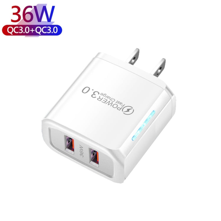 36W Dual Port QC3.0 USB Charger with 3A USB to Type-C Data Cable, US Plug������������������������...