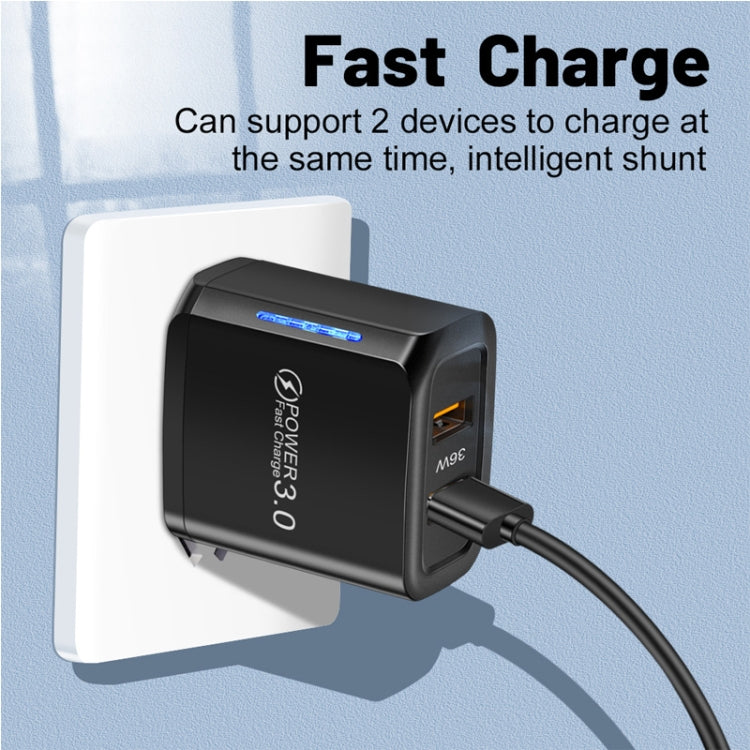 36W Dual Port QC3.0 USB Charger with 3A USB to Type-C Data Cable, US Plug������������������������...