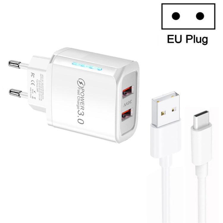 36W Dual Port QC3.0 USB Charger with 3A USB to Type-C Data Cable , EU Plug�����������������������...