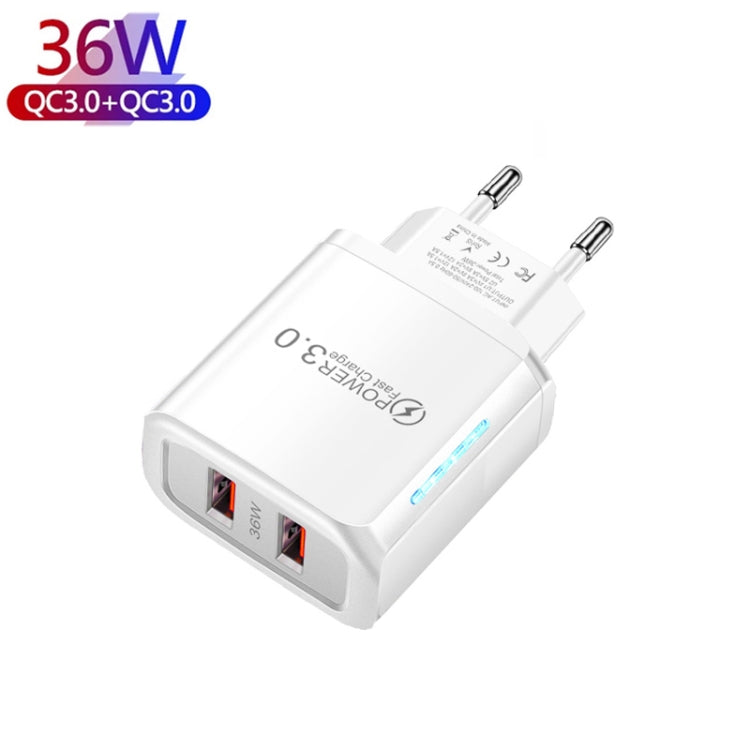 36W Dual Port QC3.0 USB Charger with 3A USB to Type-C Data Cable , EU Plug�����������������������...