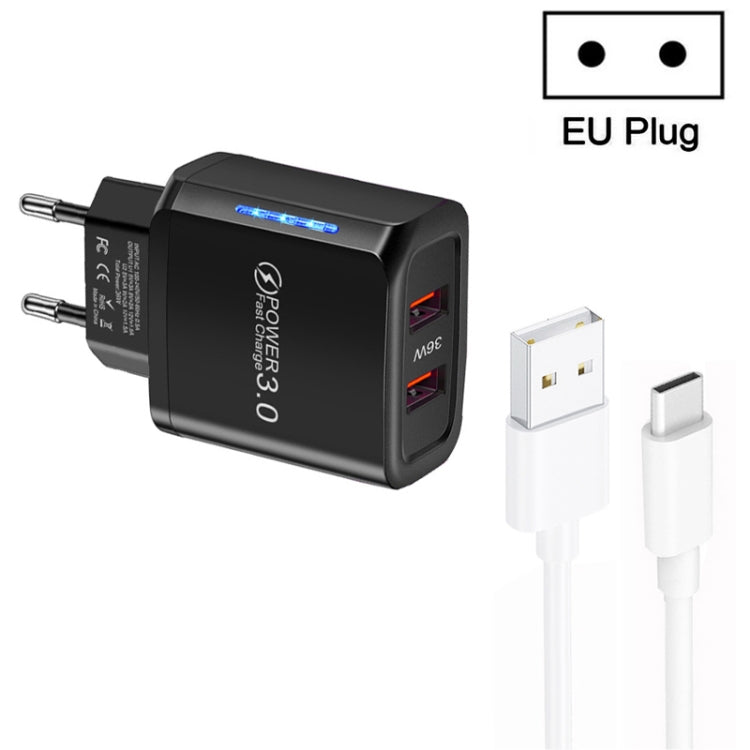 36W Dual Port QC3.0 USB Charger with 3A USB to Type-C Data Cable , EU Plug�����������������������...