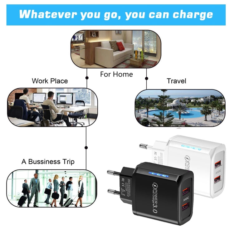 36W Dual Port QC3.0 USB Charger with 3A USB to Type-C Data Cable , EU Plug�����������������������...