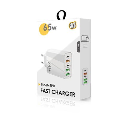 65W Dual PD Type-C + 3 x USB Multi Port Charger with 3A Type-C to Type-C Data Cable, US Plug�����...