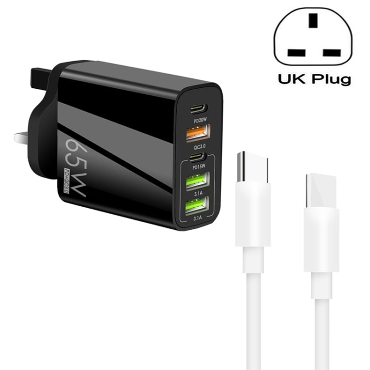 65W Dual PD Type-C + 3 x USB Multi Port Charger with 3A Type-C to Type-C Data Cable, UK Plug�����...