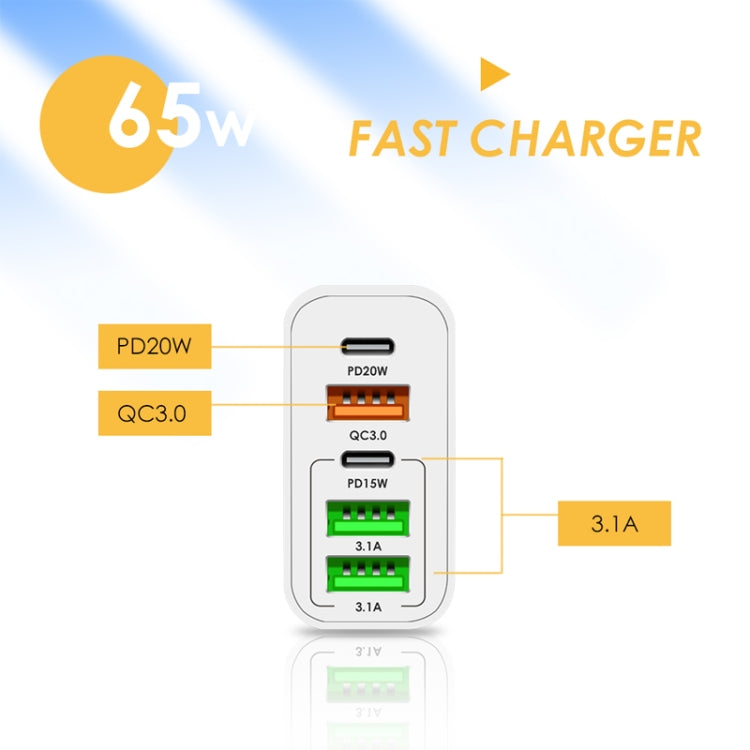 65W Dual PD Type-C + 3 x USB Multi Port Charger with 3A Type-C to Type-C Data Cable, UK Plug�����...