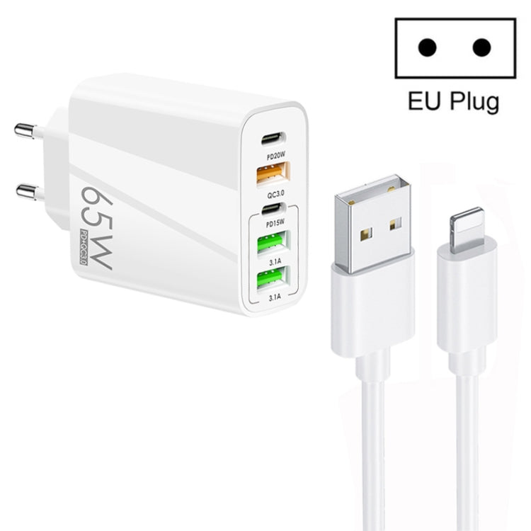 65W Dual PD Type-C + 3 x USB Multi Port Charger with 3A USB to 8 Pin Data Cable, EU Plug���������...