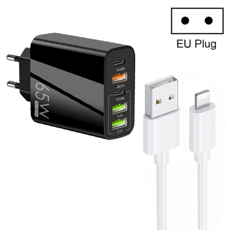 65W Dual PD Type-C + 3 x USB Multi Port Charger with 3A USB to 8 Pin Data Cable, EU Plug���������...