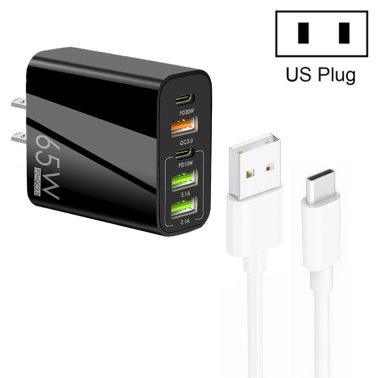 65W Dual PD Type-C + 3 x USB Multi Port Charger with 3A USB to Type-C Data Cable, US Plug��������...