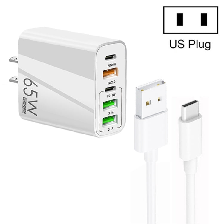 65W Dual PD Type-C + 3 x USB Multi Port Charger with 3A USB to Type-C Data Cable, US Plug��������...