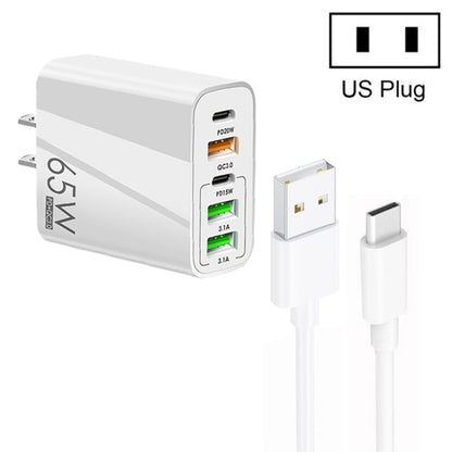 65W Dual PD Type-C + 3 x USB Multi Port Charger with 3A USB to Type-C Data Cable, US Plug��������...