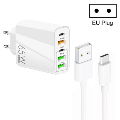 65W Dual PD Type-C + 3 x USB Multi Port Charger with 3A USB to Type-C Data Cable, EU Plug��������...