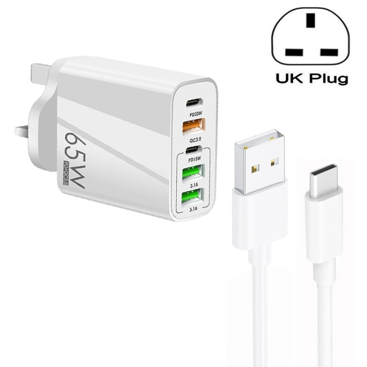 65W Dual PD Type-C + 3 x USB Multi Port Charger with 3A USB to Type-C Data Cable, UK Plug��������...