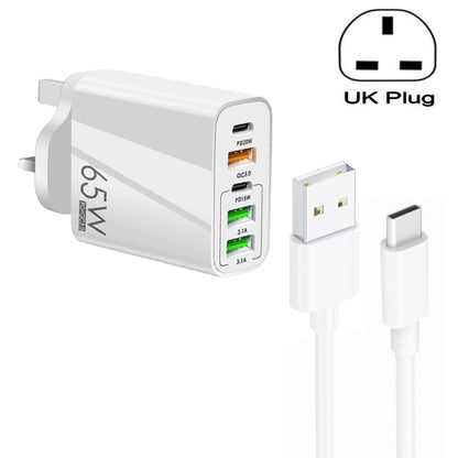 65W Dual PD Type-C + 3 x USB Multi Port Charger with 3A USB to Type-C Data Cable, UK Plug��������...
