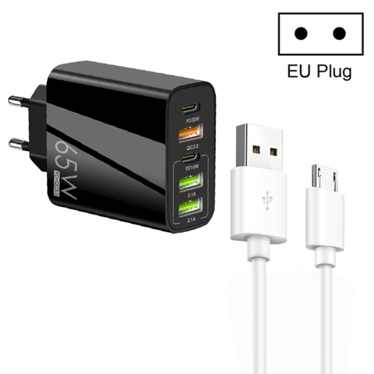 65W Dual PD Type-C + 3 x USB Multi Port Charger with 3A USB to Micro USB Data Cable, EU Plug�����...
